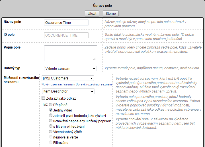 Rozevírací seznam v dialogu úpravy pole