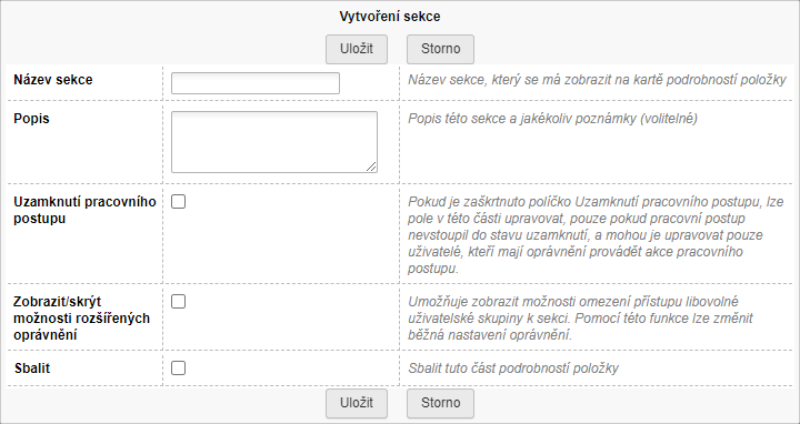 Dialog Vytvoření sekce
