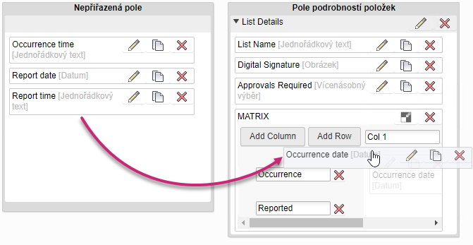 Přiřazení polí sloupcům tabulky