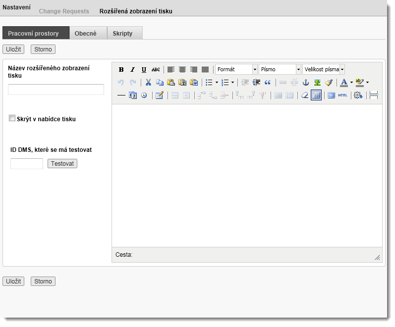 Editor nastavení rozšířených zobrazení tisku