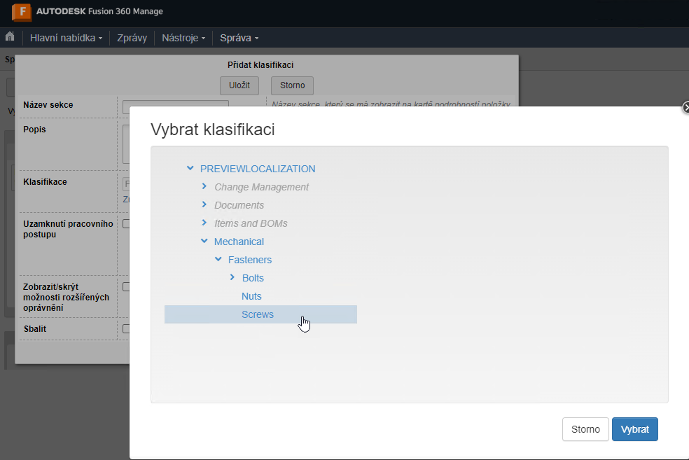 Dialog Vybrat klasifikaci