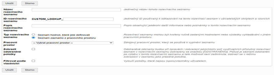Definování rozevíracího seznamu pracovního prostoru