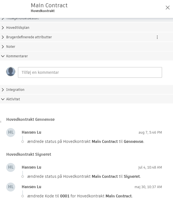 Visningen af aktiviteter i hovedkontrakten