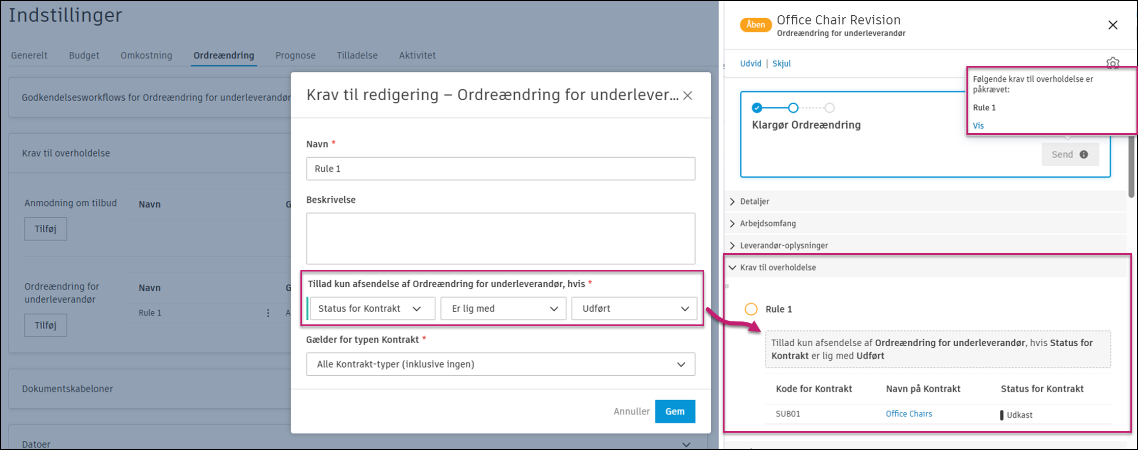 Notifikation om krav til overholdelse, der viser en meddelelse om ikke-opfyldte krav med en liste over manglende elementer til overholdelse