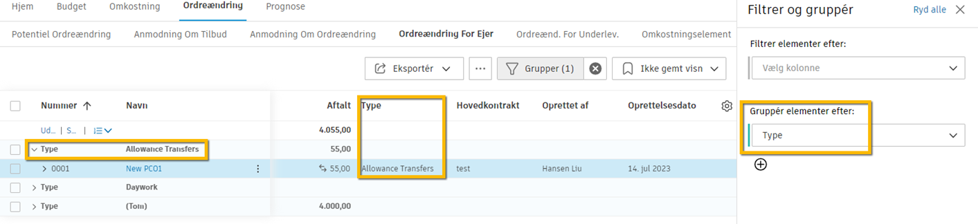 OCO med typen Tildelingsoverførsler anvendt
