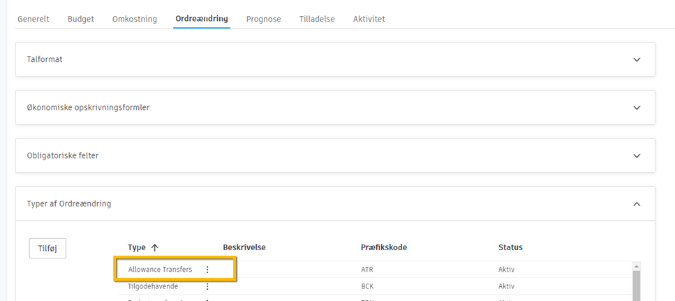 Opsætning af ordreændringstype, der viser konfigurationen Tildelingsoverførsler
