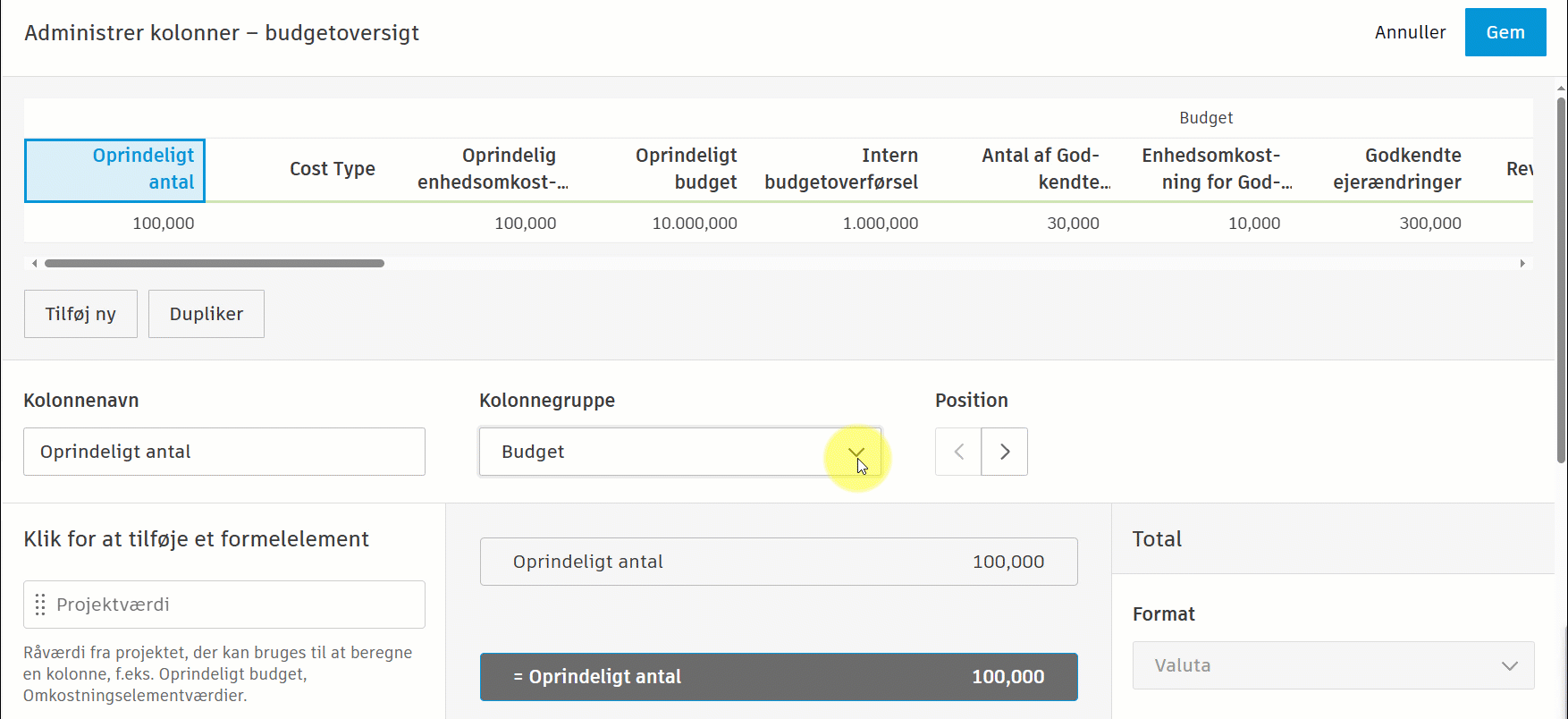Administration af kolonner i budgetoversigten