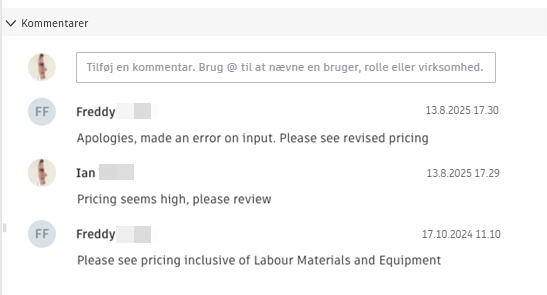 RFQ-kommentarafsnit, der viser flere kommentarer