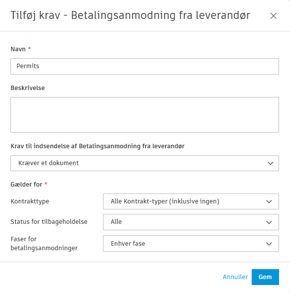 Eksempel på bemærkning om krav til overholdelse for en betalingsanmodning
