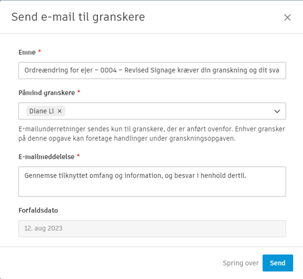 Dialogboksen Send godkendelsesarbejdsgang