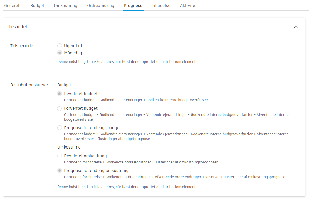 Indstillingspanel for distributionskurver, der viser budget- og omkostningsmuligheder for pengestrømsprognoser