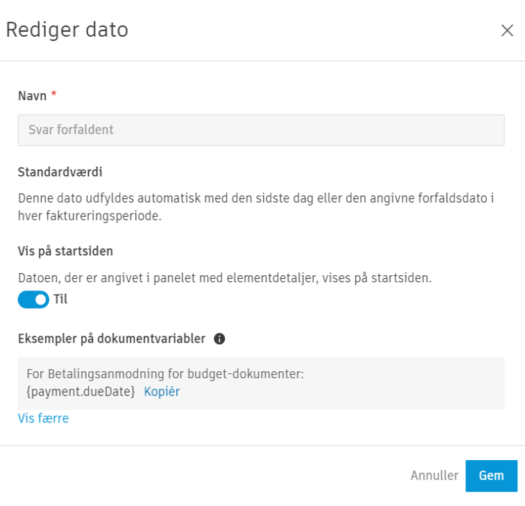 Dialogboks for redigering af datoer, der viser datokonfigurationsindstillinger og dokumentvariabler
