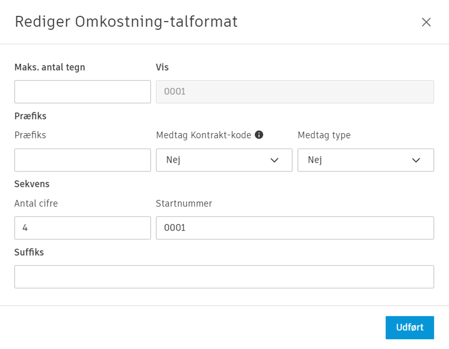 Dialogboksen Rediger format for udgiftsnummer