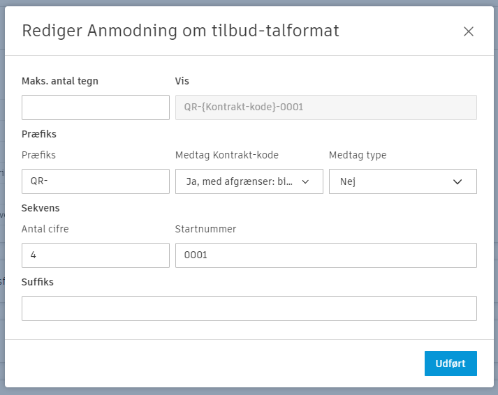 Dialogboks for redigering af RFQ-nummerformat, der viser felter for maks. antal tegn, præfiks, cifre, startnummer og suffiks