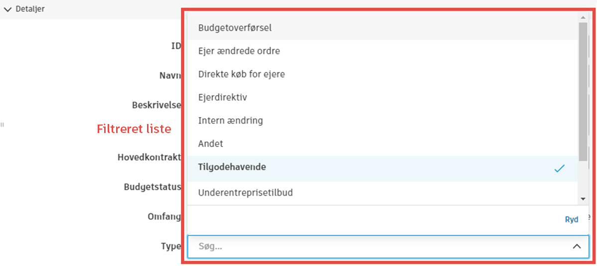 Filtreret liste over ordreændringstyper, der viser valgmuligheder for type i rullemenu