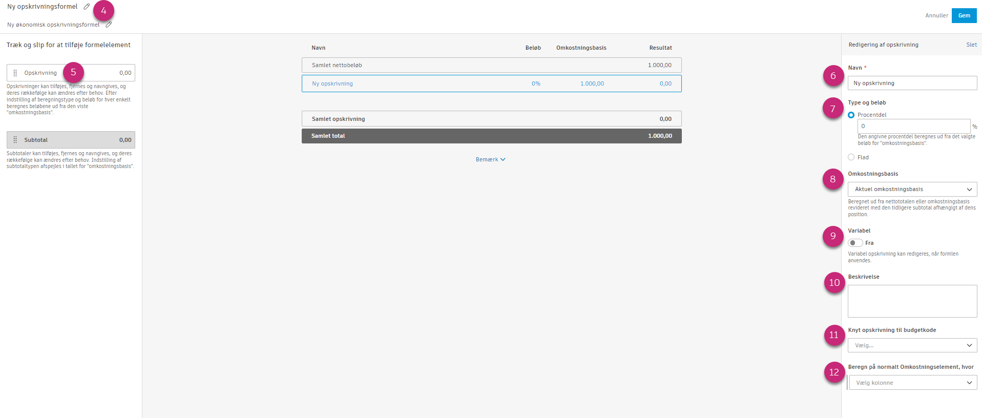 Grænseflade for konfiguration af formler til økonomisk opskrivning, der viser opskrivningsindstillinger, valgmuligheder for omkostningsbasis samt formelgenerator