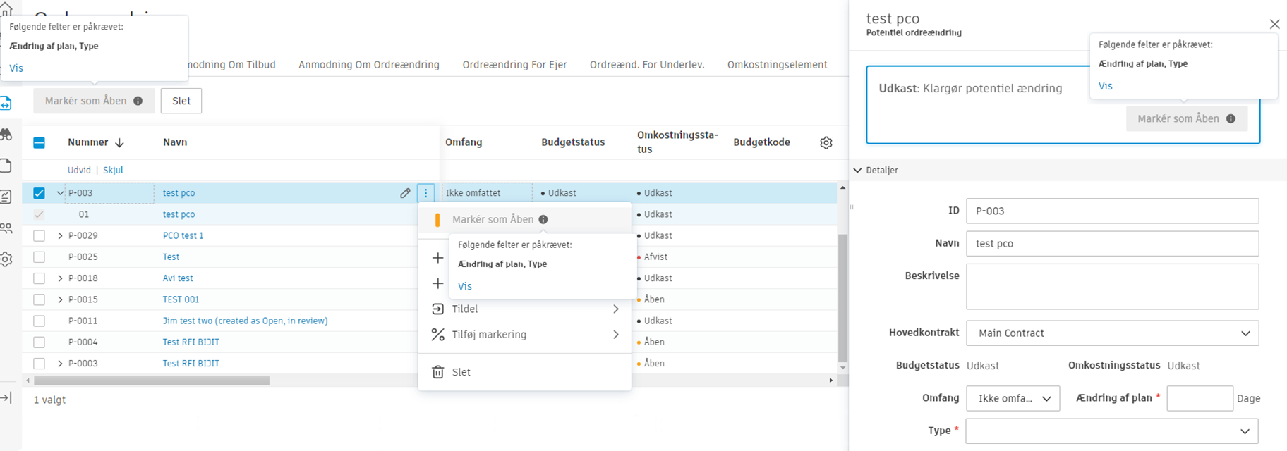 Valideringsmeddelelse for påkrævede felter, der viser ikke-udfyldte påkrævede felter med knappen Se, der fører brugeren til de tomme felter