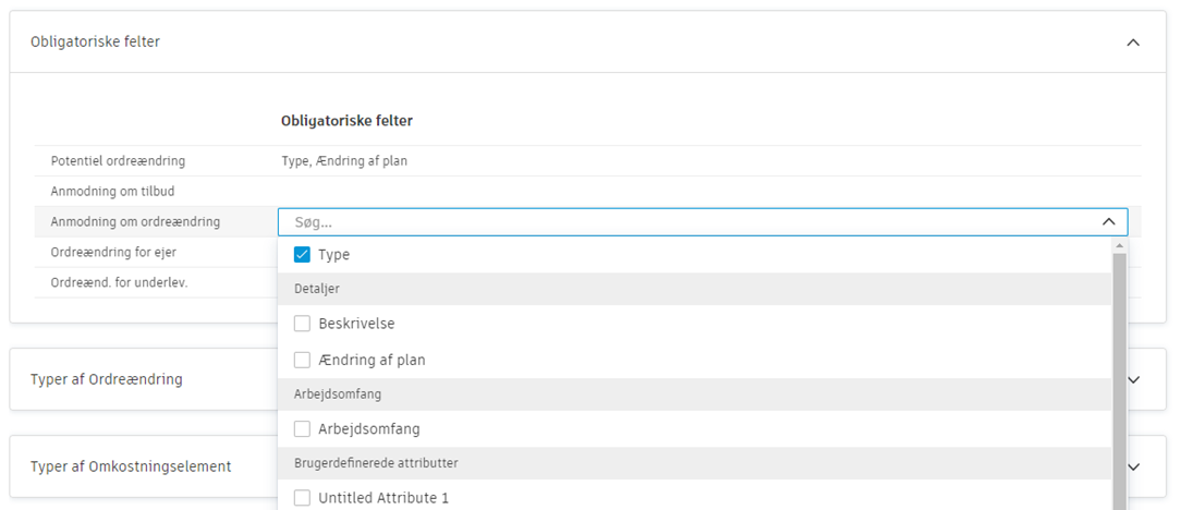 Konfiguration af påkrævede felter for ordreændringer, der viser en rullemenu med påkrævede felter