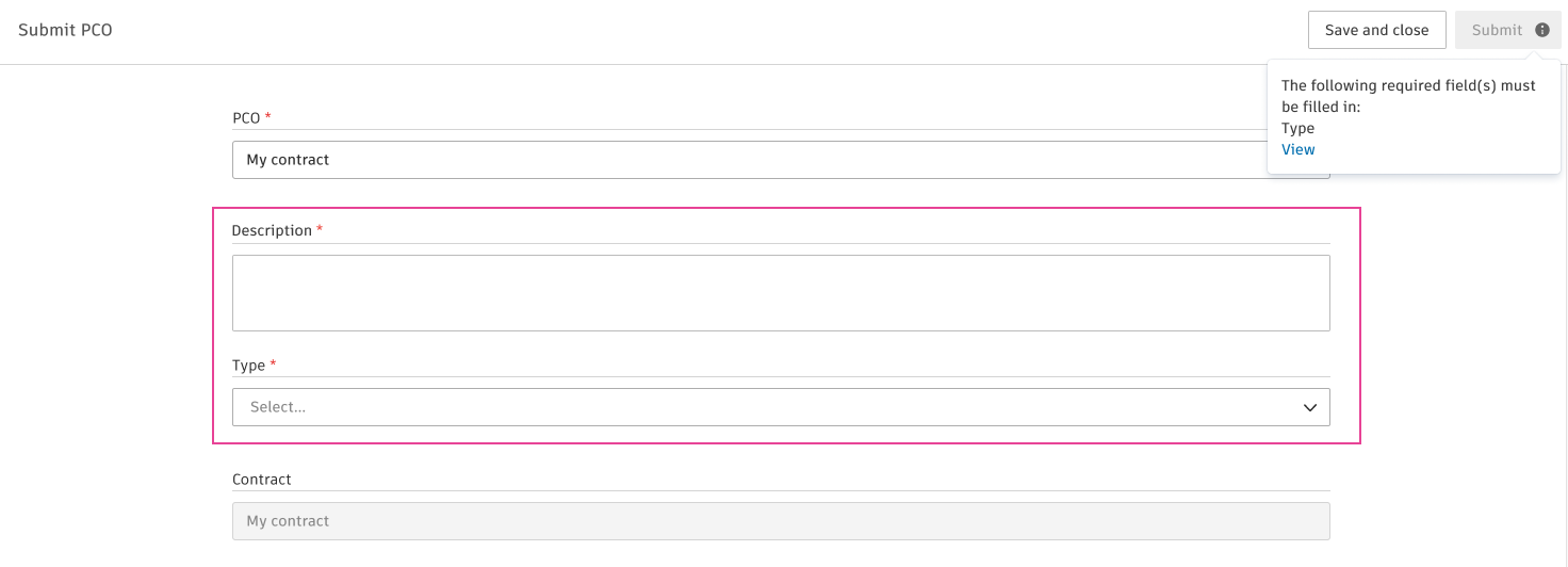 Påkrævede felter i samarbejdsbaseret arbejdsgang, der viser validering af påkrævede felter for indsendelse af en RFQ til en leverandør