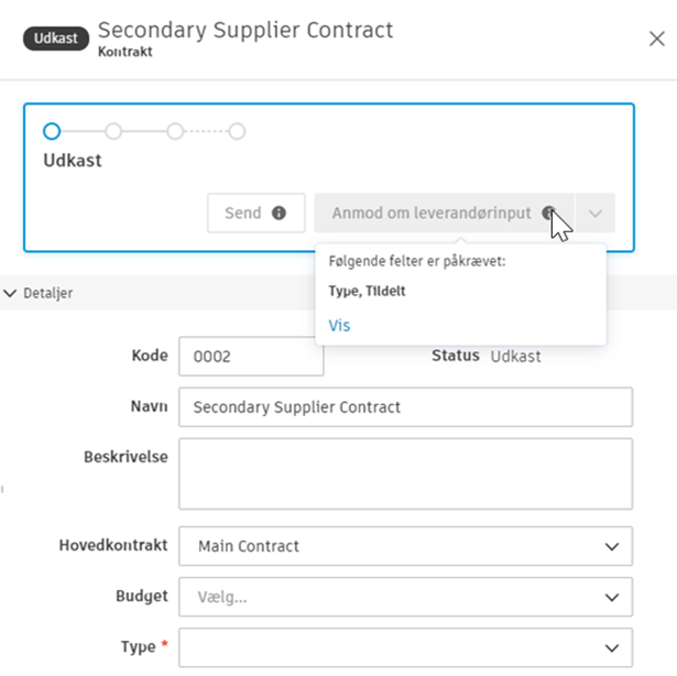 Valideringsmeddelelse for obligatoriske felter for kontrakter