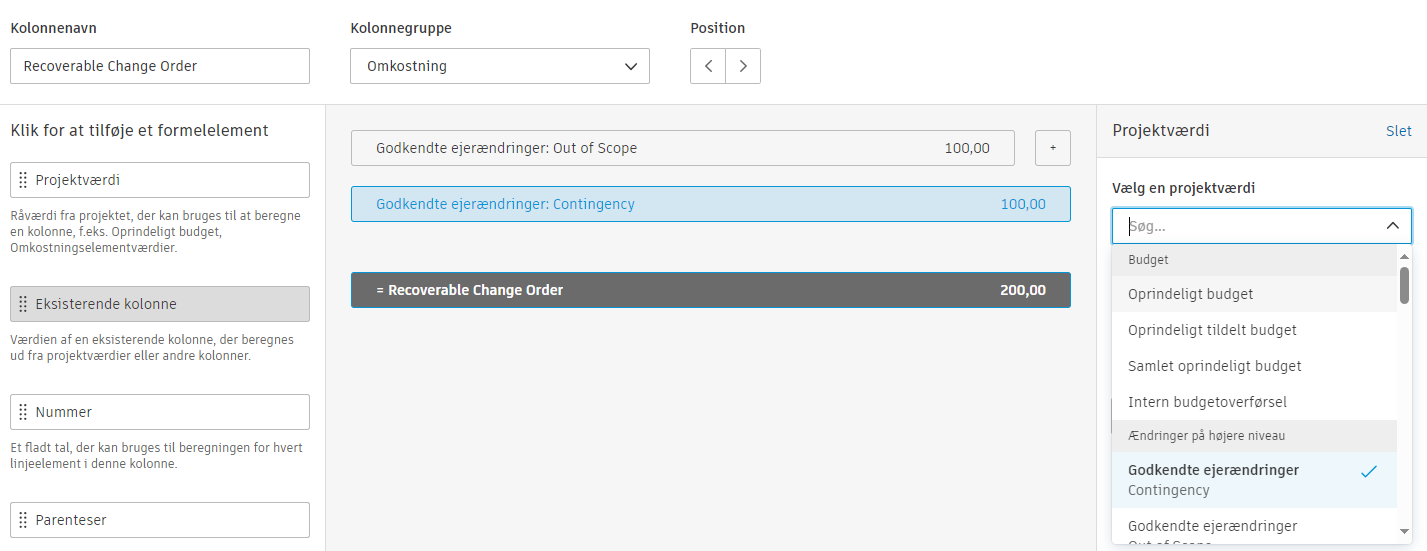 Højre sidepanel, der viser værdivalg