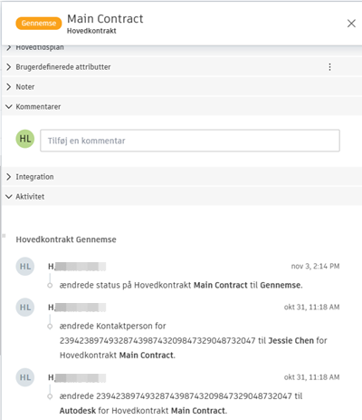 Visningen af aktiviteter i bygherrekontrakten