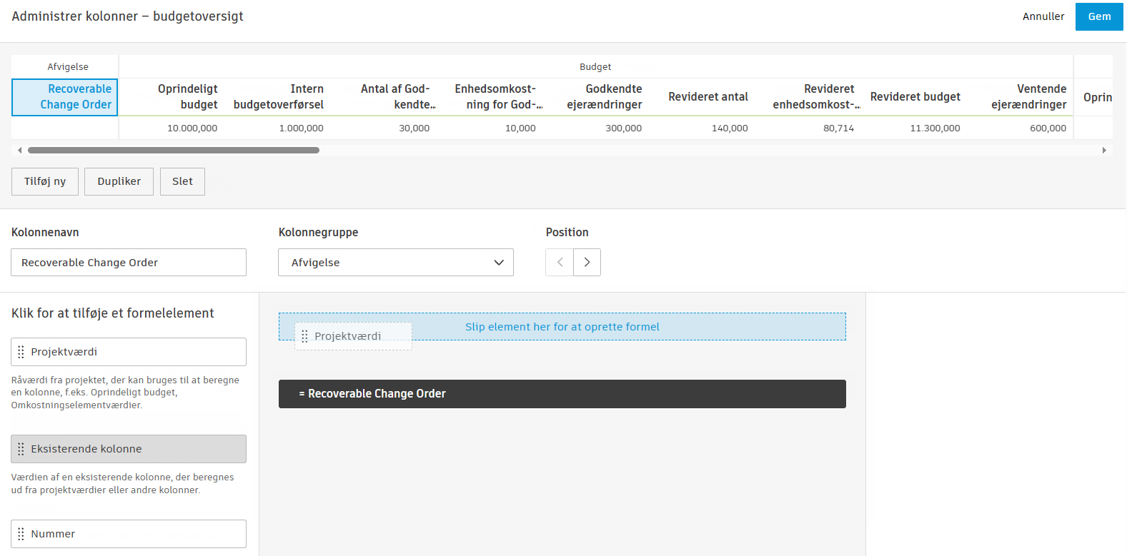 Skærmbillede, der viser kolonneformelgeneratorens grænseflade med trækbare elementer, herunder Projektværdi, Eksisterende kolonne, Tal, Parenteser og If-sætninger i panelet til venstre