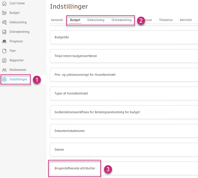 Siden Indstillinger, der viser afsnittet Brugertilpassede attributter med knappen Tilføj for fanerne Budget, Omkostning og Ordreændring