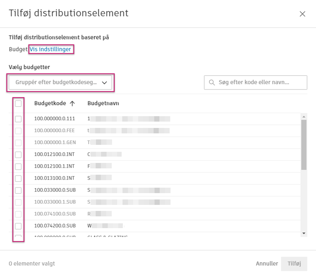 Valgmuligheder i distributionsvinduet