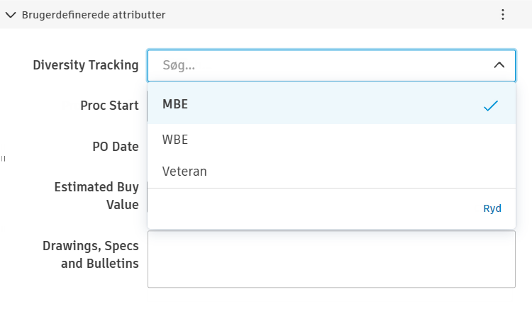Detaljepanel for kontrakt, der viser den brugertilpassede rullemenuattribut Diversitetssporing med værdier, der kan vælges