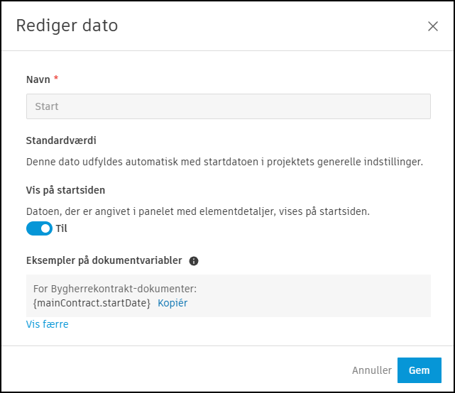 Panelet Rediger konfiguration af datoer