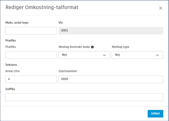Dialogboksen Rediger format for udgiftsnummer