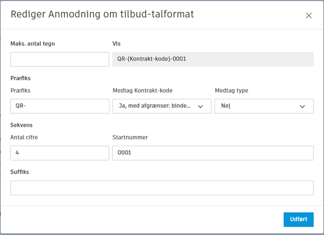 Dialogboksen Rediger RFQ-nummerformat
