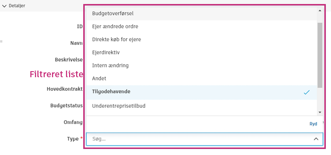 Filtreret liste over ordreændringstyper