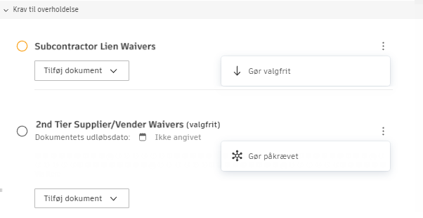 Mulighed for at konfigurere krav til overholdelse som valgfri eller påkrævet
