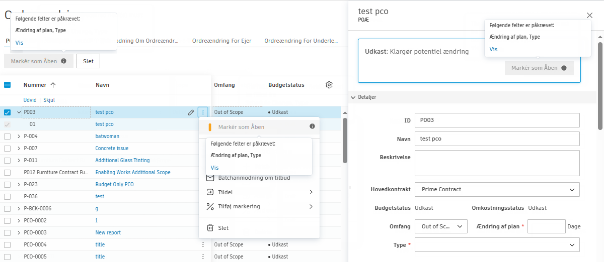 Meddelelse om validering af obligatoriske felter