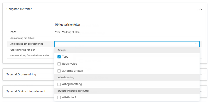 Obligatoriske felter til konfiguration af ordreændringer