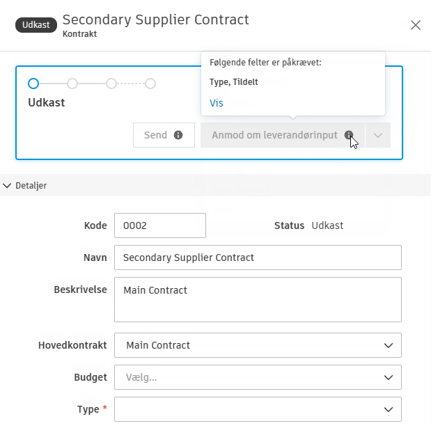 Valideringsmeddelelse for obligatoriske felter for kontrakter