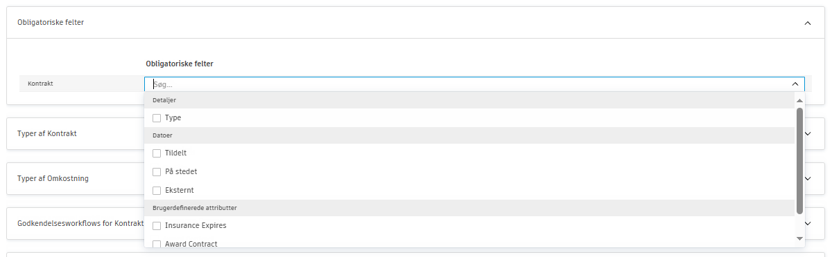 Obligatoriske felter for kontraktkonfiguration