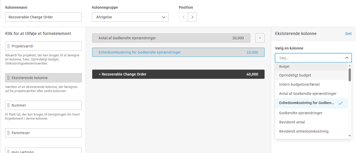 Skærmbillede af sidepanelet til højre, der viser felter til valg af værditype og angivelse af værdi til forhåndsvisning