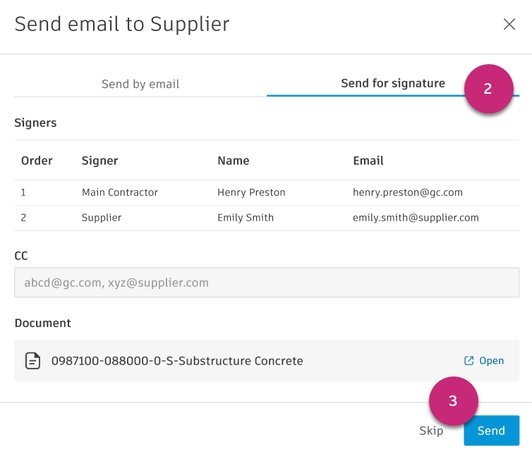 Send e-mail til leverandør for underskrift