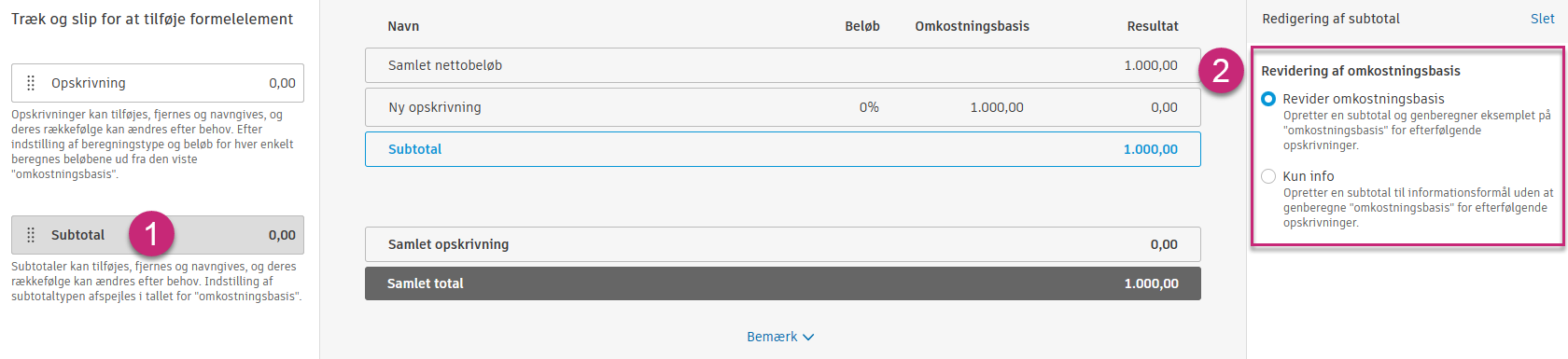 Valgmuligheder for indstillinger for subtotal