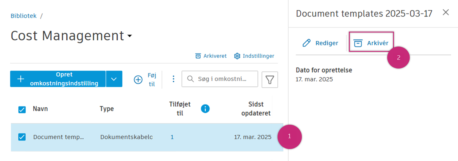 Arkivér omkostningsindstilling