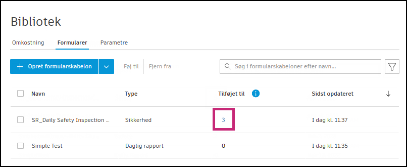 Vælg projekter eller skabeloner, som formularskabelonen skal fjernes fra
