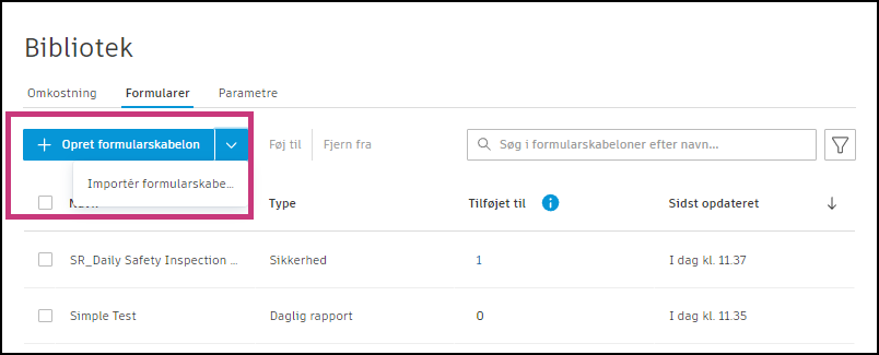 Opret formularskabelon i Bibliotek