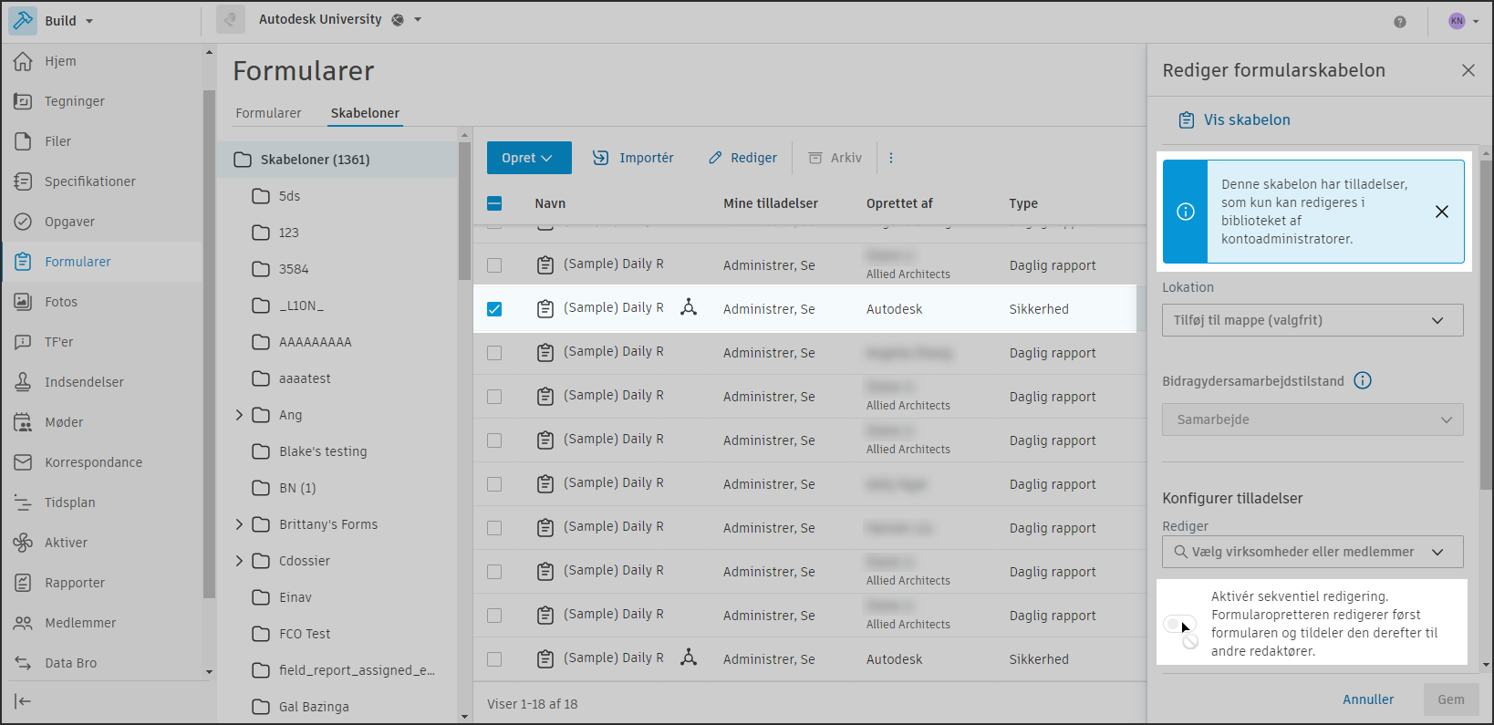 Banner for redigering af formularskabelon i Bibliotek.