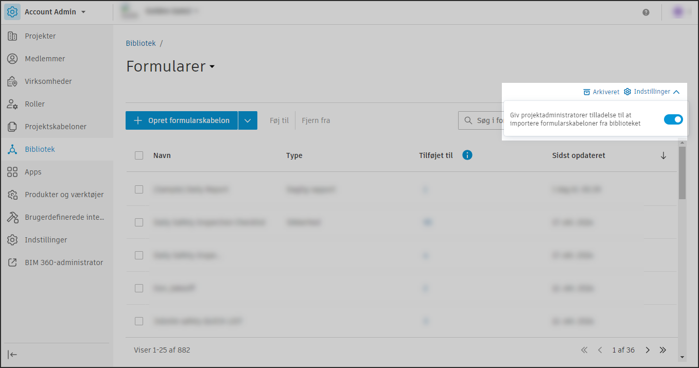 skærmbillede af Bibliotek-indstillinger for formularskabelon