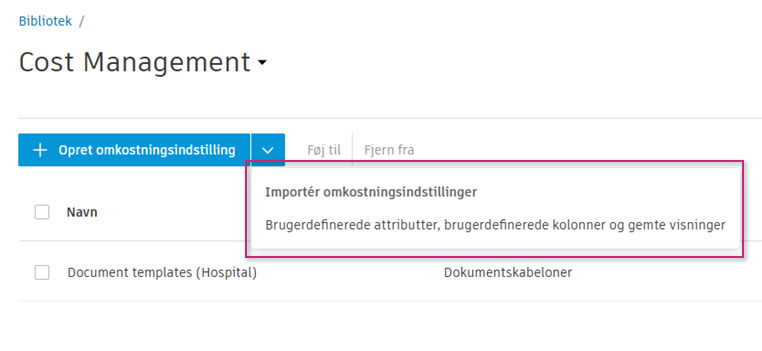 Importér omkostningsindstillinger
