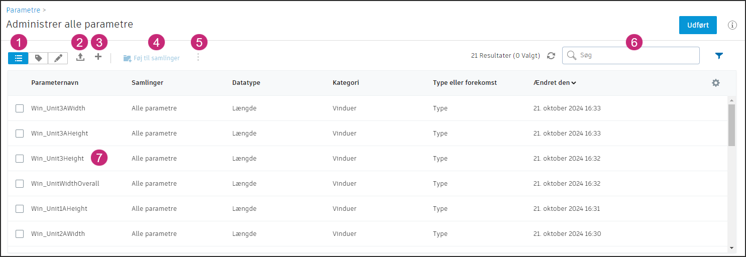 Grænsefladen Administrer alle parametre