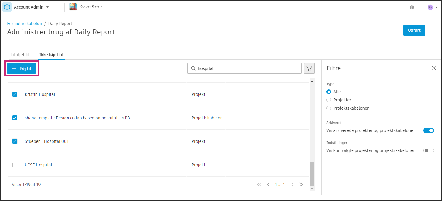 Føj formularskabelon til projekter eller skabeloner